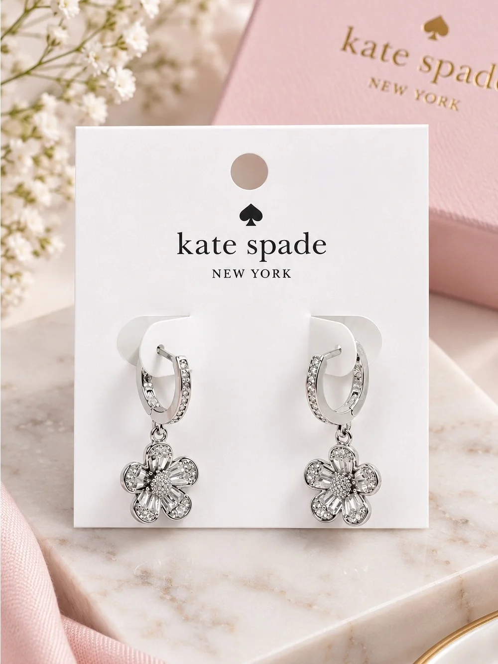 Kate Spade Crystal Rhinestone Fleurette Huggie Hoop Drop Earrings